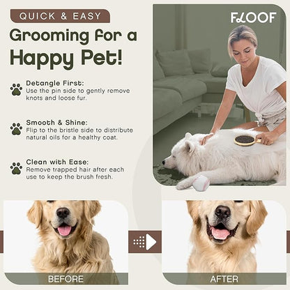 Floof Double-Sided Pet Brush,Metallic Pins & Vegan Boar Bristles for Long & Short Haired Dogs and Cats | Premium Wooden Handle for Comfort | Eco-Friendly Deshedding,Gentle Detangling,& Easy to Clean