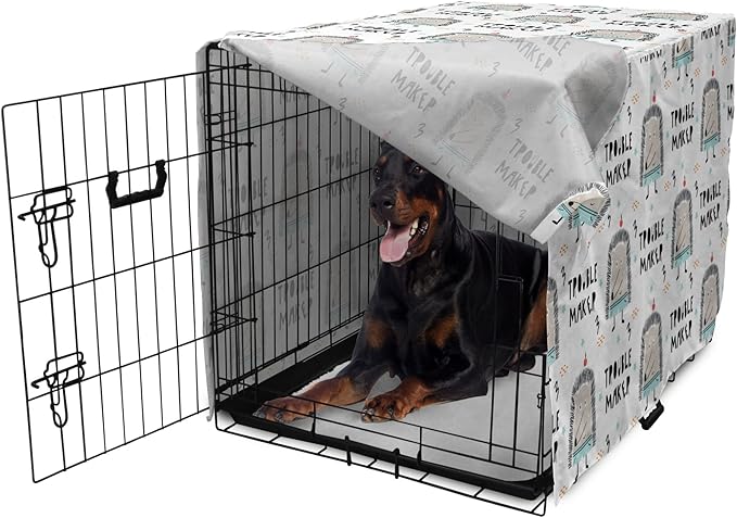 Lunarable Cartoon Dog Crate Cover, Hedgehog Trouble Maker Lettering with Apple and Stars Bad Boy Print, Easy to Use Pet Kennel Cover for Medium Large Dogs, 42 Inch, Pearl Pale Blue