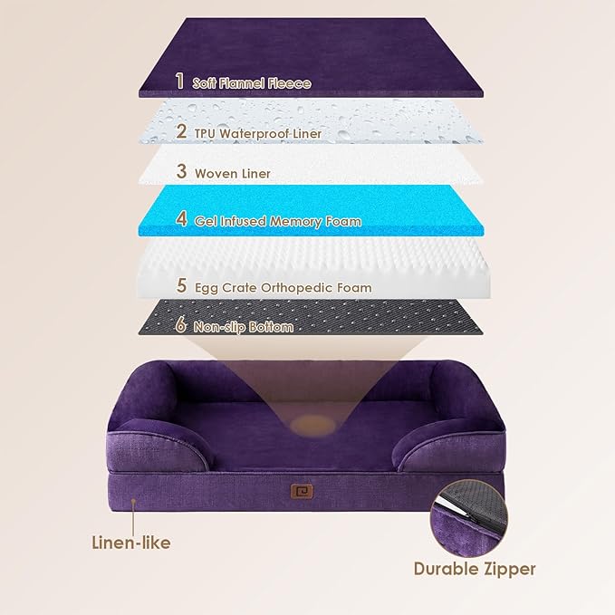 EHEYCIGA Orthopedic Dog Beds for Extra Large Dogs, Waterproof Memory Foam XL Dog Bed with Sides, Non-Slip Bottom and Egg-Crate Foam Big Dog Couch Bed with Washable Removable Cover, Purple