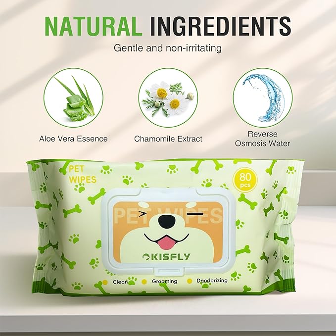 Pet Wipes for Dogs and Cats, Dog Wipes for Paws and Butt, Cat Wipes Cleaning Fur and Butt, Fragrance-free, Alcohol-free, Natural Ingredients, Gentle and Safe, Keep Your Pet Clean and Healthy 80 Pcs