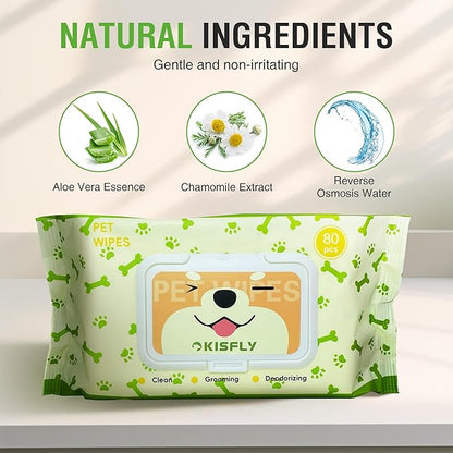 Pet Wipes for Dogs and Cats, Dog Wipes for Paws and Butt, Cat Wipes Cleaning Fur and Butt, Fragrance-free, Alcohol-free, Natural Ingredients, Gentle and Safe, Keep Your Pet Clean and Healthy 80 Pcs