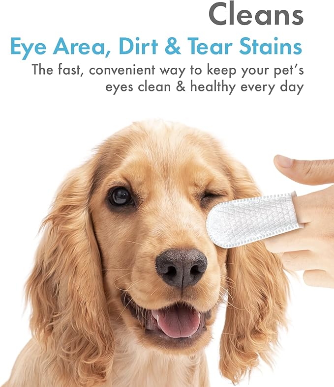 Petkin Fingertip Eye Wipes for Dogs and Cats, 100 Finger Wipes - Slip-On, Snug Fit, Micro-Bristle Fabric - Cleans Eye Area, Dirt and Tear Stains - Convenient, Ideal for Home and Travel - No Scent