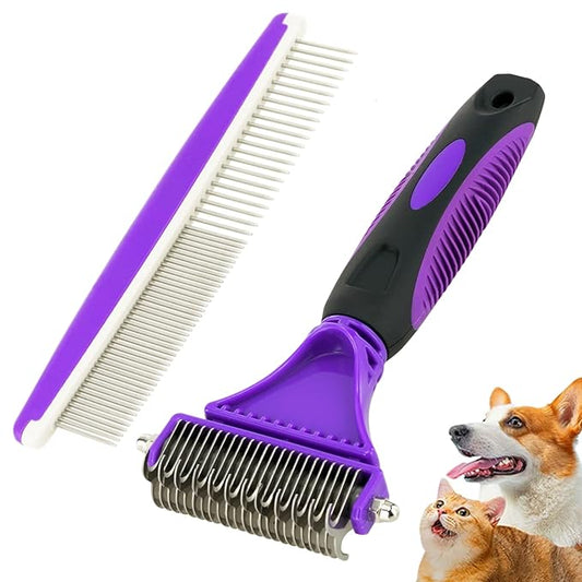 Pet Dematting Tool 2 Pack - Double Sided Undercoat Rake & Dematting Comb for Detangling Matted or Knotted Undercoat Hair, Great for Medium or Long-haired Dogs & Cats