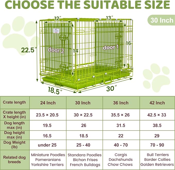 HOMEY PET 30 Inch Dog Kennel Indoor, Green Dog Cage for Small Dogs Foldable Dog Crates for Medium Dogs Nano-Coated Metal Wire Dog Crate with Removable Floor Grid Tray, Double Doors, Handle for Travel