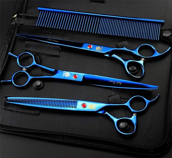 Purple Dragon 8.0" Titanium Multicolor Professional Pet Grooming Scissors Set,Straight & Thinning & Curved Scissors Shear with Bag for Dog Cat Grooming