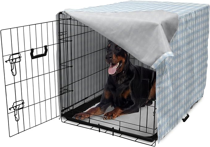 Lunarable Plaid Dog Crate Cover, Geometrical Striped Old Fashioned Pattern Pastel Colors Country, Easy to Use Pet Kennel Cover for Medium Large Dogs, 42 Inch, Pale Blue Yellow White