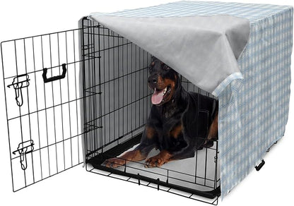 Lunarable Plaid Dog Crate Cover, Geometrical Striped Old Fashioned Pattern Pastel Colors Country, Easy to Use Pet Kennel Cover for Medium Large Dogs, 42 Inch, Pale Blue Yellow White