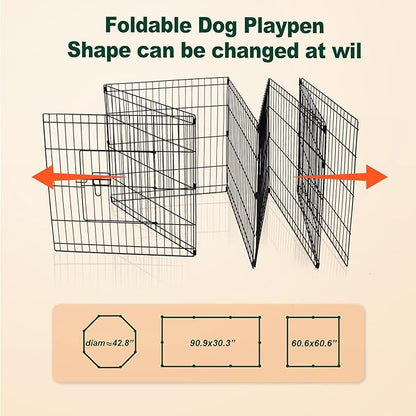 PJYuCien Dog Playpen - 8 Panels 36”H Metal Foldable Dog Exercise Pen, Pet Fence Puppy Crate Kennel Indoor Outdoor with Top Cover & Bottom Pad for Medium Large Pets
