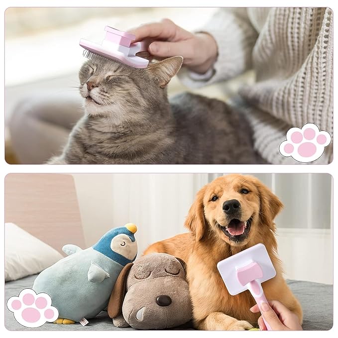 Self Cleaning Slicker Brush for Dogs and Cats - Retractable Bristles for Easy Hair Removal - Grooming Tool for Long and Short Hair - Effortless Pet Shedding Solution (Pink)