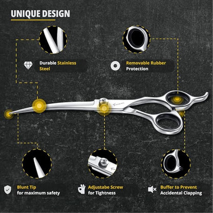 TOMBRO 7.0" Curved Dog Grooming Scissors Professional Curved Scissors for Pets 6CR Stainless Steel Pet Grooming Scissors with Safe Round Tips,Pets Grooming Shears with Offset Handle (Down-curved)