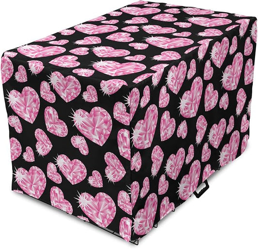 Ambesonne Diamonds Dog Crate Cover, Romantic Pink Heart Stones on Black Background Valentines Day Theme, Easy to Use Pet Kennel Cover for Medium Large Dogs, 48 Inch, Pink Black
