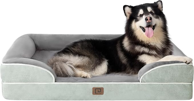 EHEYCIGA Orthopedic XL Dog Beds, Waterproof Memory Foam Dog Bed for Extra Large Dogs, Non-Slip Bottom and Egg-Crate Foam Big Dog Couch Bed with Washable Removable Cover, Greyish Green