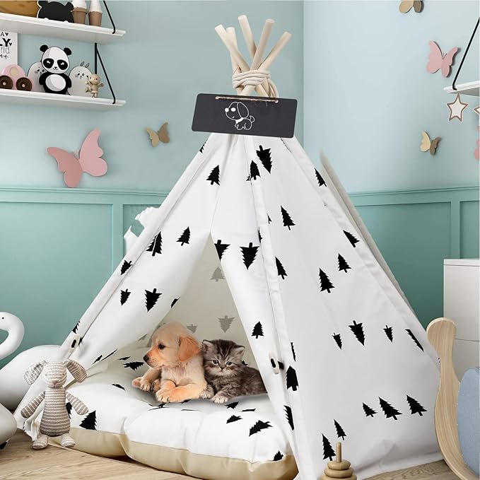 Pet Teepee Tent for Dogs, Dog Cat Teepee Bed, Portable &Washable Dog Houses Indoor Outdoor Puppy Beds for Small Dogs Cats Rabbits with Cushion and Blackboard