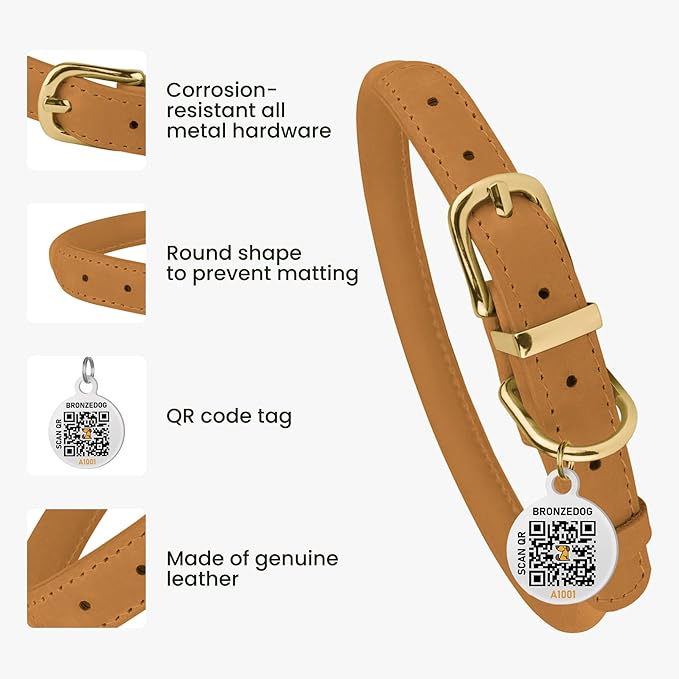 BRONZEDOG Rolled Leather Dog Collar with QR ID Tag Adjustable Soft Round Collars for Small Medium Large Dogs Puppy Cat (16" - 19" Neck Size, Mustard)