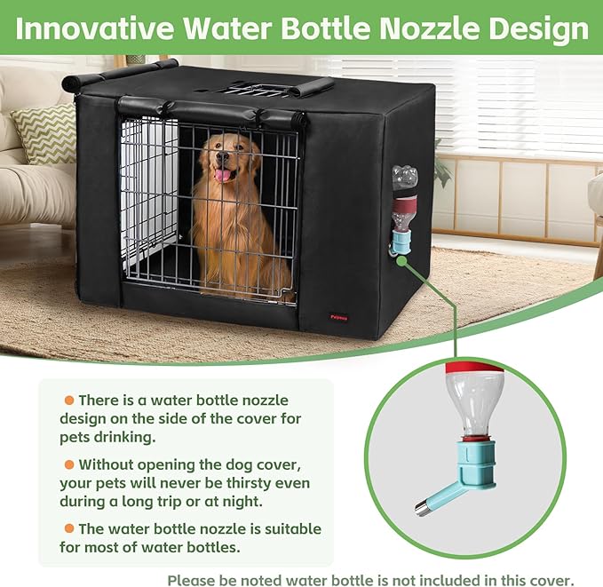 Dog Crate Cover 42 Inch - Waterproof Kennel Cover with Top Window, 600D Oxford Fabric Dog Cage Cover Fit for Most Double Door Wire Crate, Unique Drinking Hole Design, Black (Cover Only)