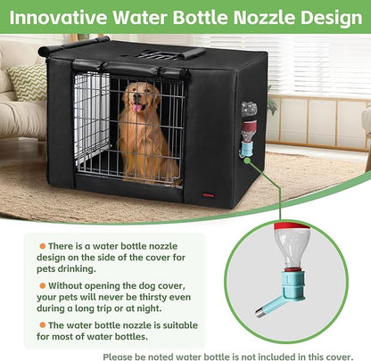 Dog Crate Cover 42 Inch - Waterproof Kennel Cover with Top Window, 600D Oxford Fabric Dog Cage Cover Fit for Most Double Door Wire Crate, Unique Drinking Hole Design, Black (Cover Only)