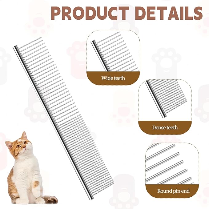 Stainless Steel Pet Grooming Comb with Rounded Ends, Metal Dog Combs for Grooming Matting Professional Dog Groomings Comb Detangler Deshedding Brush for Long Short Haired Dogs and Cats (7.4 Inches)