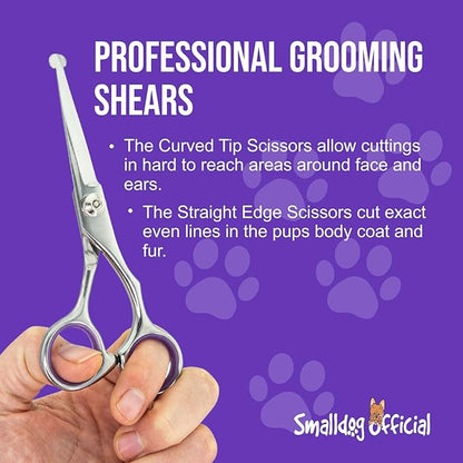 Grooming Scissors, Stainless Steel Dog Shears with Safety Rounded Tip, Set of Two Dog Scissors in a Leather Cover, Professional Pet Grooming Kit