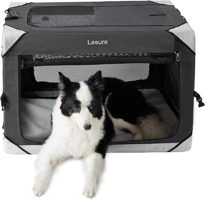 Lesure Collapsible Dog Crate - Portable Travel Kennel for Large Dog, 4-Door Pet Crate with Durable Mesh Windows, Indoor & Outdoor, Charcoal Gray
