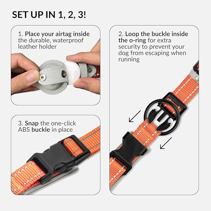CollarDirect Airtag Dog Collar Reflective Nylon Neoprene Leather Holder for Apple Air Tag for Large, Medium, and Small Dogs (Orange, S, 12-14.5 Inch)