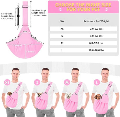 Lukovee Pet Sling, Hand Free Dog Sling Carrier Adjustable Padded Strap Tote Bag, Shoulder Bag with Safety Belt & Front Pocket for Small Dog Cat Puppy (Pink-WY,M)