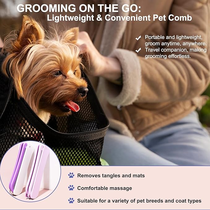 Foldable Dual-Head Puppy Brush, Small Dogs Interchangeable Combs Soft Bristles Portable Grooming Tool, Fit for Yorkie Shih Tzu Maltipoo Maltese (Purple)