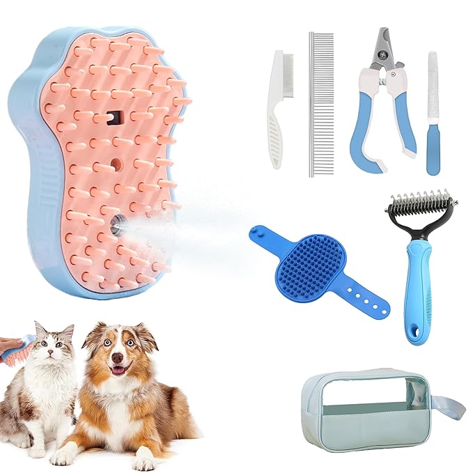 Pet Grooming Steam Brush Kit 7pcs, Cat Brush With Spray and Comb for Shedding - Nail Clippers File Set for Dogs Long Matted Haired Pets and Nail Repair