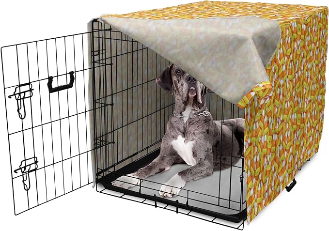 Lunarable Candy Corn Dog Crate Cover, Halloween Design of Cartoon Style Foods Scattered Randomly, Easy to Use Pet Kennel Cover for Medium Large Dogs, 48 Inch, Apricot Avocado Green