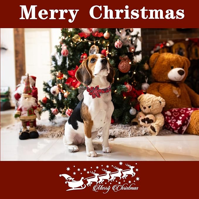 Unique style paws Christmas Dog Collar with Flower Tie Red Black Grid Cotton Collar Adjustable Puppy Plaid Collar for Small Medium Large Dogs-S