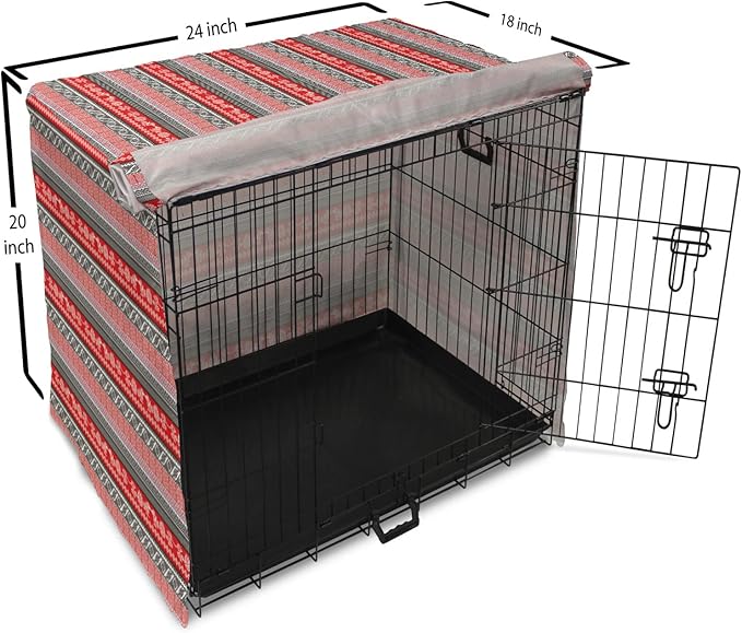Lunarable Aztec Dog Crate Cover, Bird Motifs Abstract Indigenous Style Squares Latin American Inspired, Easy to Use Pet Kennel Cover for Cats & Medium Dogs, 24 Inch, Red Black White