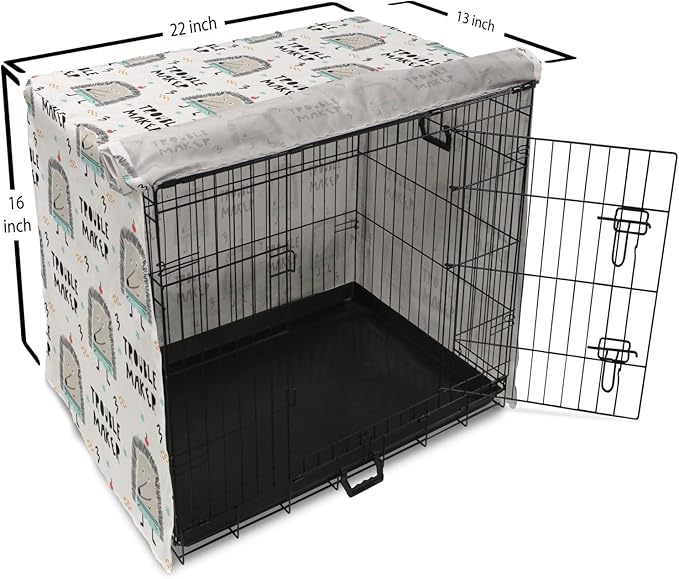 Lunarable Cartoon Dog Crate Cover, Hedgehog Trouble Maker Lettering with Apple and Stars Bad Boy Print, Easy to Use Pet Kennel Cover for Small Dogs Puppies Kittens, 22 Inch, Pearl Pale Blue
