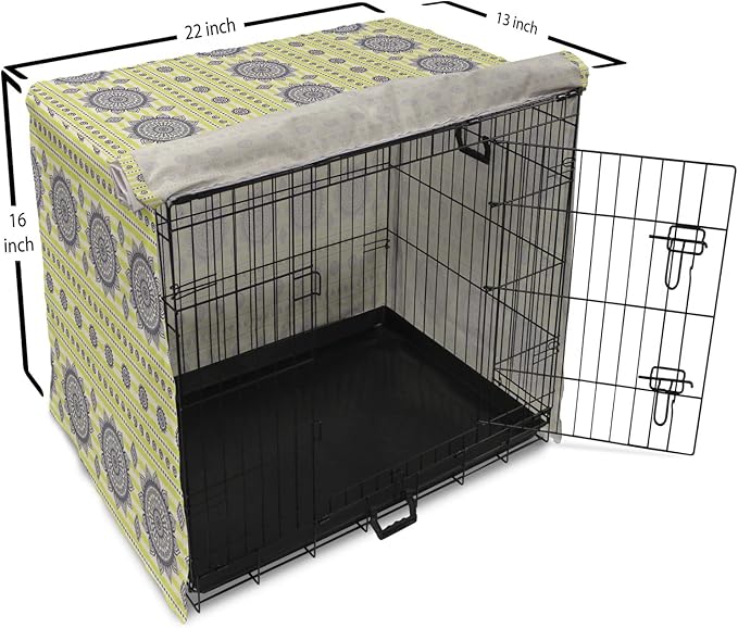Lunarable Bohemian Mandala Dog Crate Cover, Floral Sun Motif on Brush Drawn Stripes with Dots, Easy to Use Pet Kennel Cover for Small Dogs Puppies Kittens, 22 Inch, Night Blue Yellow