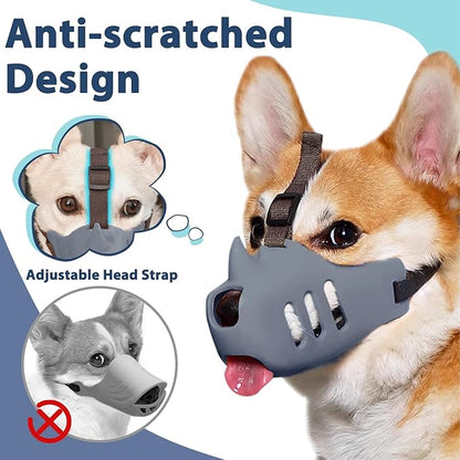 LUCKYPAW Dog Muzzle Soft Muzzle for Small Medium Dog Poodle Dachshund Breathable Silicone Cage Muzzle for Biting Chewing Funny Rhino Muzzle with Adjustable Strap (Grey, S-(Snout Cir:5.5-6.75in)