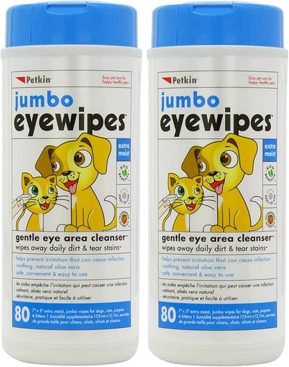 Petkin Jumbo Pet Eye Wipes, 80 Extra Moist Wipes, 2 Pack - Natural Formula Gently Removes Dirt, Discharge, & Tear Stains - Safe, Convenient, & Easy to Use Pet Wipes for Dogs, Cats, Puppies & Kittens