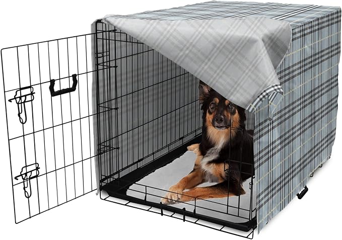Lunarable Plaid Dog Crate Cover, Traditional Vintage Pattern with Modern Look Checkered Pastel Colored, Easy to Use Pet Kennel Cover for Medium Large Dogs, 36 Inch, Pale Blue Dimgray Cream
