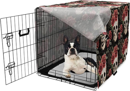 Lunarable Halloween Dog Crate Cover, Mexican Sugar Skull Rose Bouquets Spooky Traditional Humour Culture, Easy to Use Pet Kennel Cover for Small Dogs Puppies Kittens, 22 Inch, Black Grey