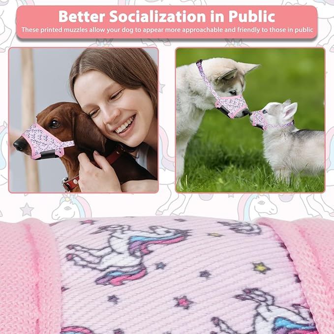 LUCKYPAW Dog Muzzle, Soft Dog Muzzles for Small Medium Large Dogs, Breathable Muzzles to Stop Biting and Chewing with Pattern, Allows Panting and Drinking (L-(Snout 7"-9½"), Pink Unicone)