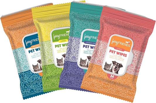 FurryFriends Pet Wipes | Variety Pack | Hypo-allergenic | Alcohol Free| Deodorizing | Removes Loose Hair & Dirt | Incredibly Clean | 4 Pack