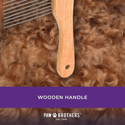 Ryan's Pet Supplies Paw Brothers Poodle Comb Brush for Dogs, Professional Grade, Wooden Ergonomic Handle, Stainless Steel Teeth, Dematting Comb for Dogs, Extra Long Teeth