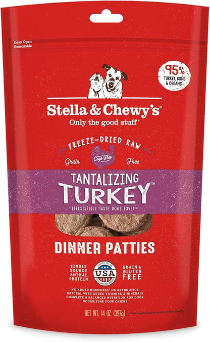 Stella & Chewy's Freeze Dried Raw Dinner Patties – Grain Free Dog Food, Protein Rich Tantalizing Turkey Recipe – 14 oz Bag