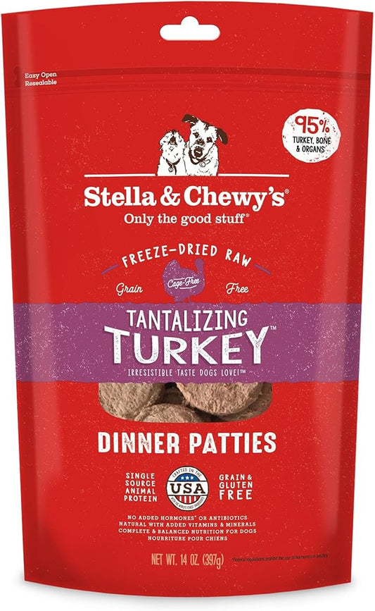 Stella & Chewy's Freeze Dried Raw Dinner Patties – Grain Free Dog Food, Protein Rich Tantalizing Turkey Recipe – 14 oz Bag