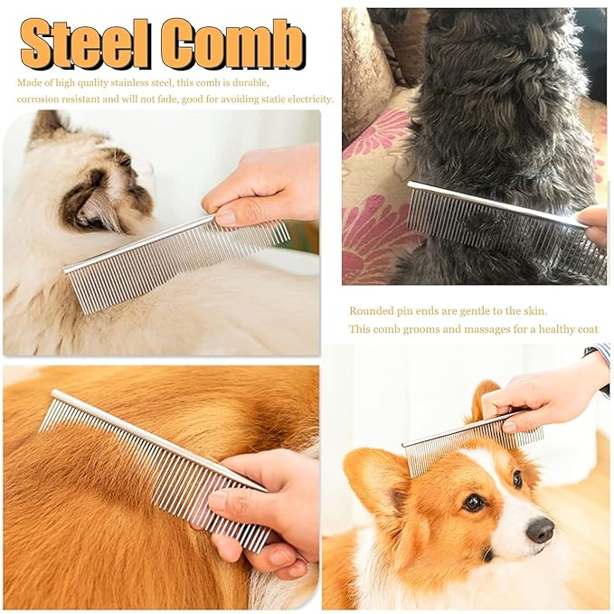 Undercoat Rake for Dogs, 2 Pack Grooming Kit Long Tooth Undercoat Rake + Stainless Steel Dog Comb, Deshedding Tool Set for Husky Long-haired Cats