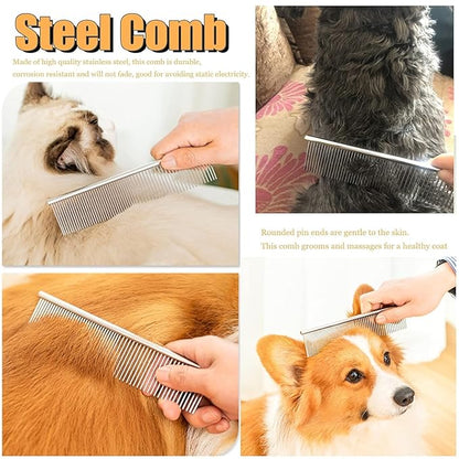 Undercoat Rake for Dogs, 2 Pack Grooming Kit Long Tooth Undercoat Rake + Stainless Steel Dog Comb, Deshedding Tool Set for Husky Long-haired Cats