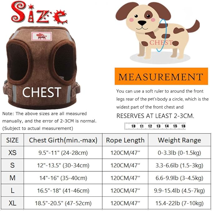 FEimaX Dog Harness and Leash Set, No Pull Reflective Adjustable Pet Harnesses for Puppy Kitten Soft Corduroy Chest Harness for Small Medium Dogs and Cats Easy Control Vest for Outdoor Walking