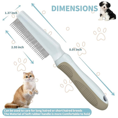 Ropo Pet Grooming Comb for Dogs and Cats, Flea Comb, Long Handled Pet Comb 2 in 1 Long and Short Stainless Steel Metal Teeth for Tangle and Knot Removal - Detangling Brush