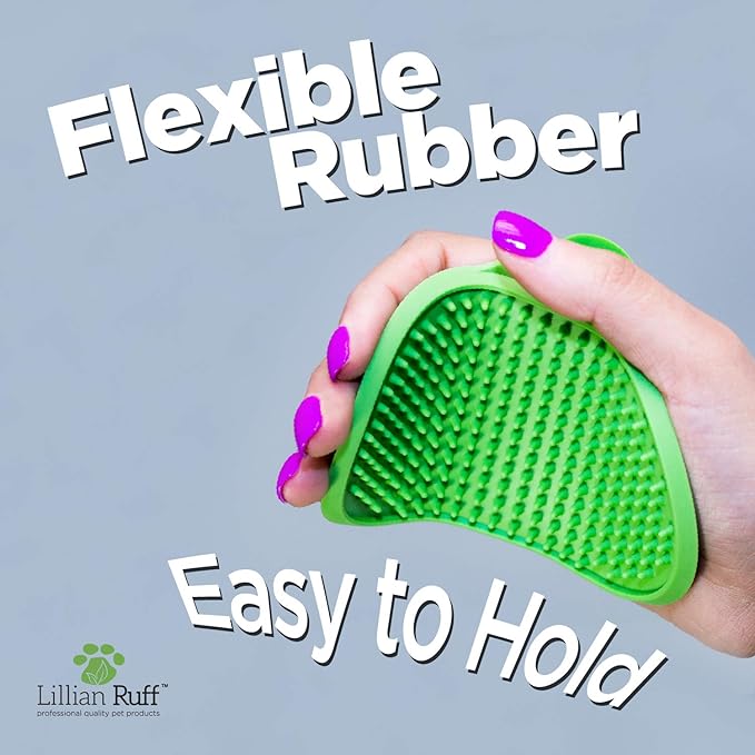 Lillian Ruff Dog Bath Brush - 2 Pack of Flexible Rubber Dog Shower Brush with Adjustable Strap - Soothing Massage Bristles Produce more Lather, Reduce Bath Time, Remove More Dirt & Loose Hair (Green)