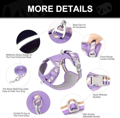 No Pull Dog Harness and Leash Set,Reflective Dog Harness with Easy Control Soft Handle,Adjustable and Comfortable for Easy Walking,Fit Small Medium Large Breed Dogs,Purple,S