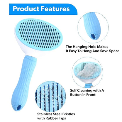 Pet Grooming Self Cleaning Slicker Brush for Cats and Dogs, Cats Brush for Shedding Hair, Removes Loose Hair & Tangles, Skin Friendly & Promote Circulation-Blue
