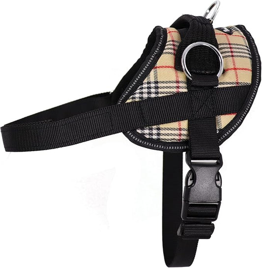 Bark Appeal Tan Plaid No-Pull Dog Harness for Large to Extra Large Sized Pets – Adjustable, Reflective Vest with 3 Leash Clips for Added Control, Easy Walks & Training – XL