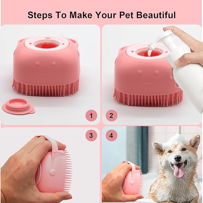 Pet Bath Brush Scrubber, Soft Silicone Shampoo Dispenser with Shower Grooming & Adjustable Ring Handle for Short/Long Haired Dogs and Cats, Pink+Blue 1PCS